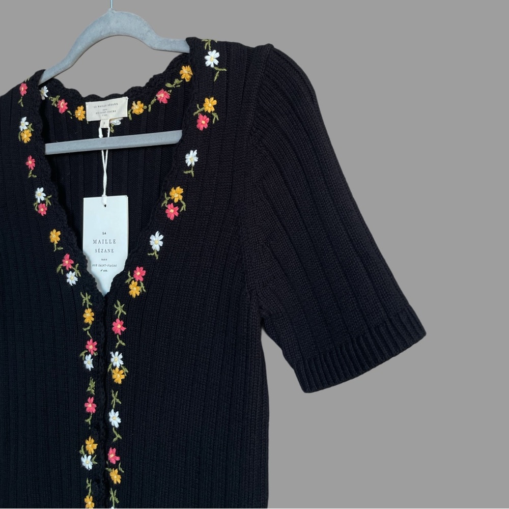 SEZANE NWT Black Floral Embroidered Short Sleeve Ribbed Knit Iliana Cardigan - Picture 9 of 13